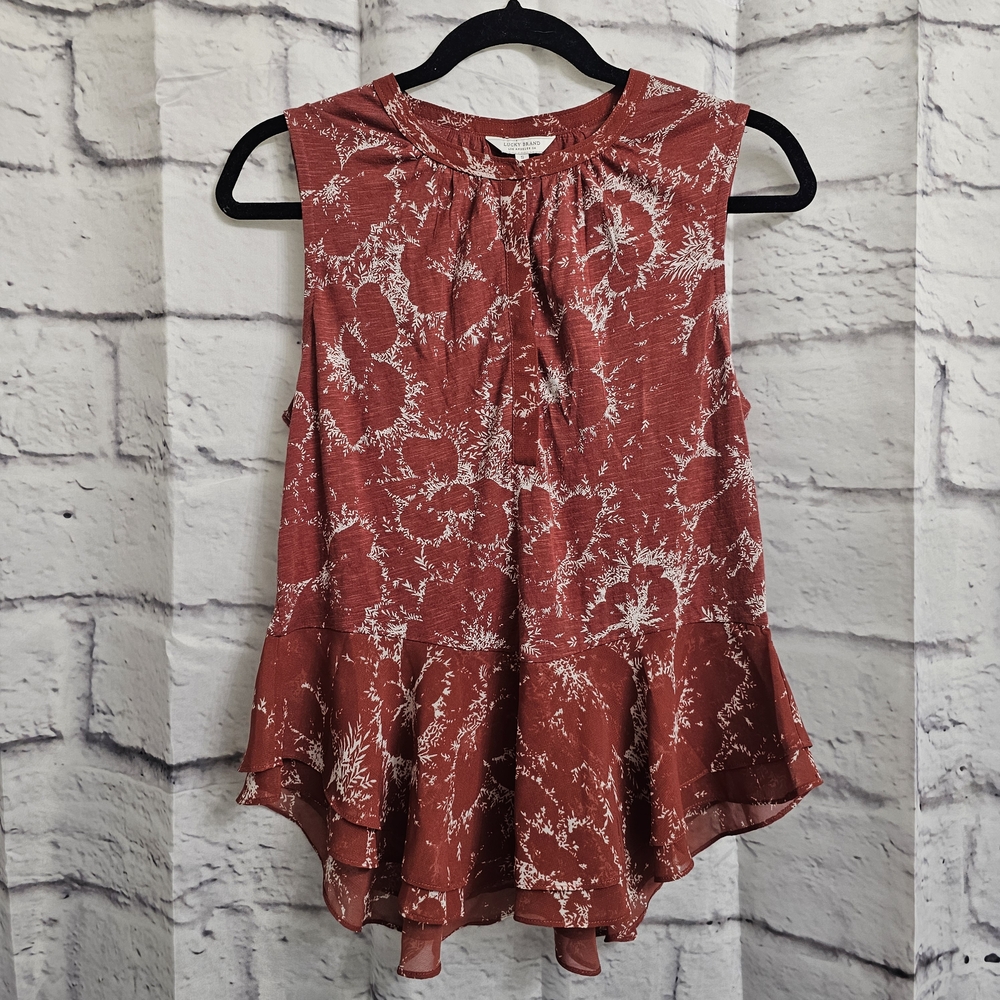 Lucky Brand Womens Peplum Sleeveless Blouse Red Floral Size Small